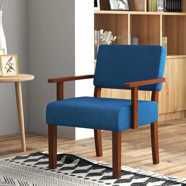 Modern Accent Chair Linen Armchair with Rubber Wood Frame, Mid Century Upholstered Reading Chair for Living Room Bedroom Reception - Blue / 2