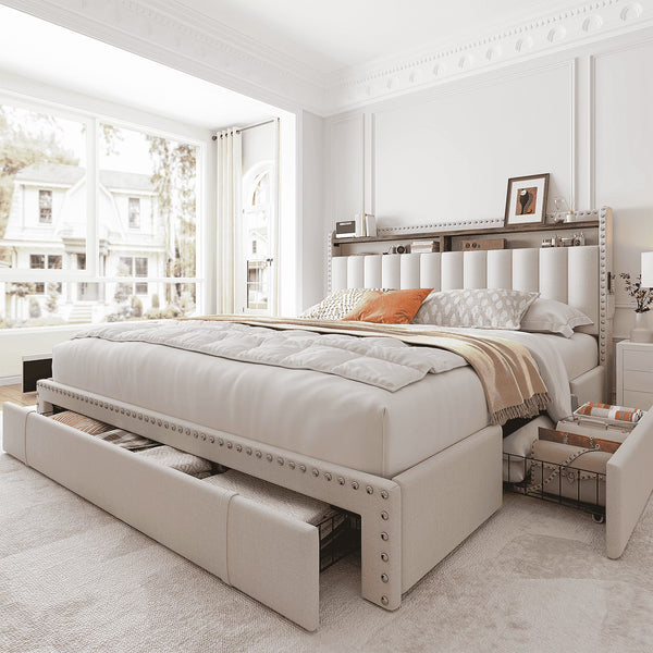 Enhomee Queen Bed Frame with 3 Storage Drawers Upholstered Queen Size Bed Frame with Headboard Noise Free Platform Bed with Metal Frame & Wood Slats Support Beige Bedroom Furniture for Adults Clothes - Queen / Beige / with Storage Shelf