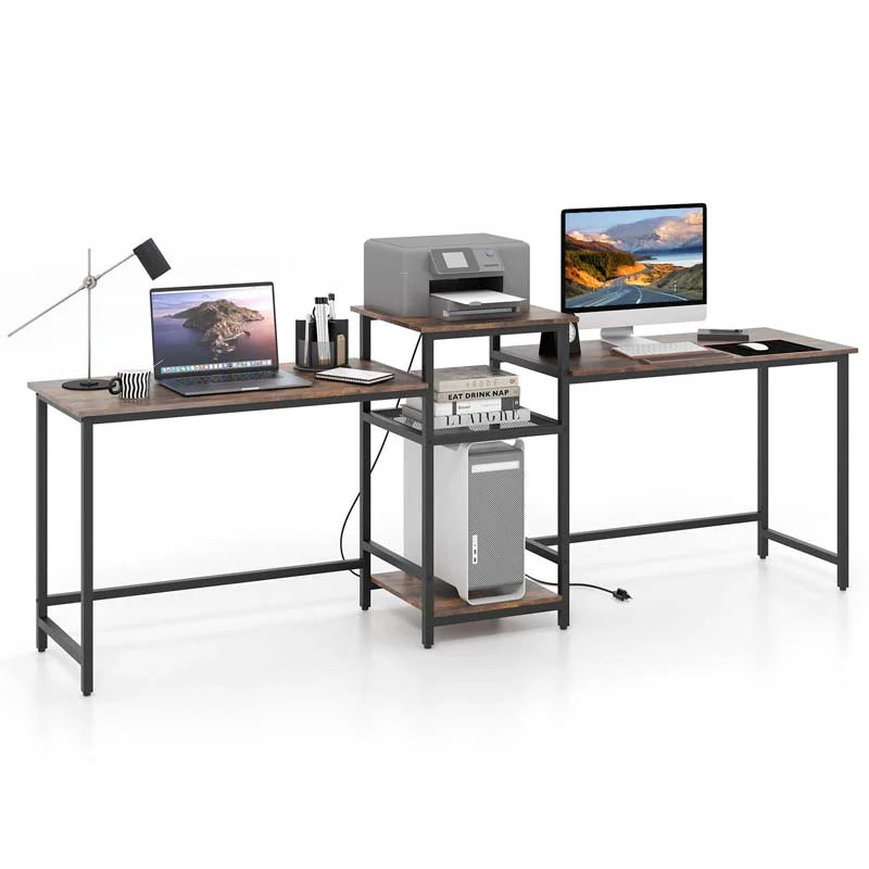 97" Extra Long 2-Person Computer Desk with Power Outlet and Printer Stand, Home Office Computer Workstation Double Gaming Table - Rustic Brown