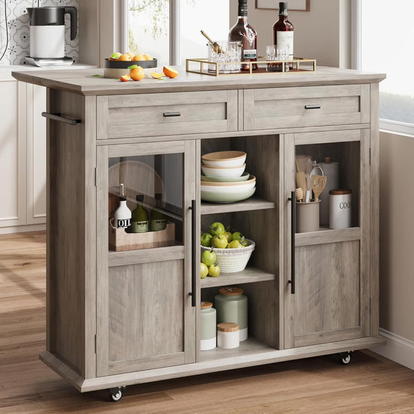 WALYWIK Foldable Kitchen Island Cart with Wheels, 2 Glass Doors, Spice Rack & Towel Holder - Compact Mobile Storage Cart for Small Kitchens, Dining Rooms, Camping & Rvs - Grey - Grey