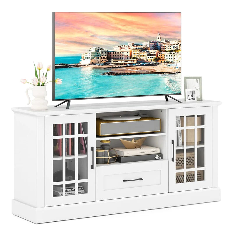 62" Farmhouse TV Stand for 70 Inch TVs, Tall Media Console Table with 2 Glass Doors, Cubbies & Drawer, Storage Cabinet for Living Room - Vintage Green
