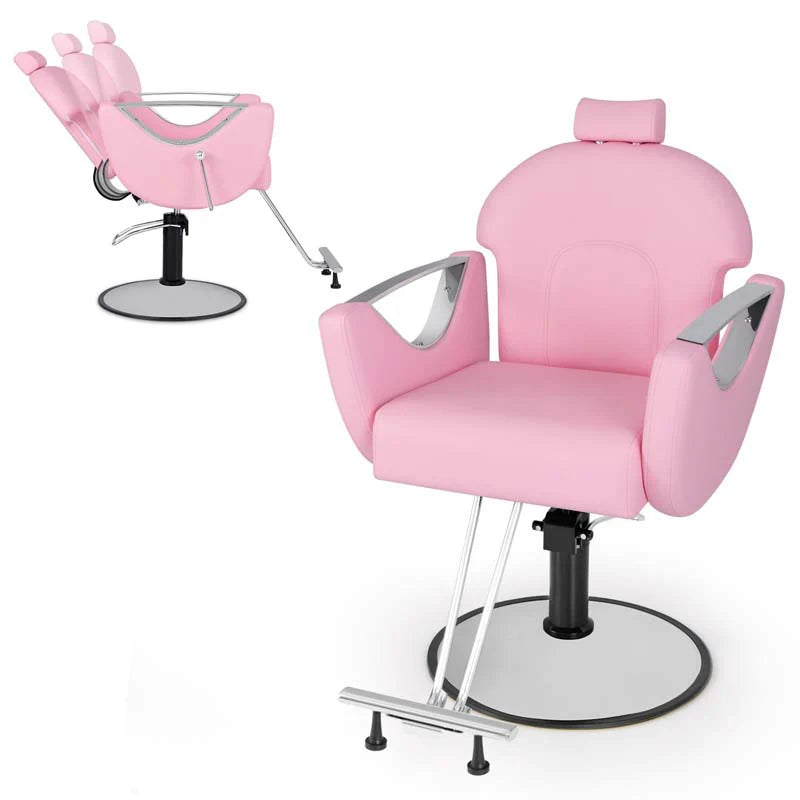 Reclining Barber Chair, 360° Swivel Salon Chair with Heavy Duty Hydraulic Pump, Adjustable Height & Headrest for Hair Styling, Makeup, Tattoo - Pink