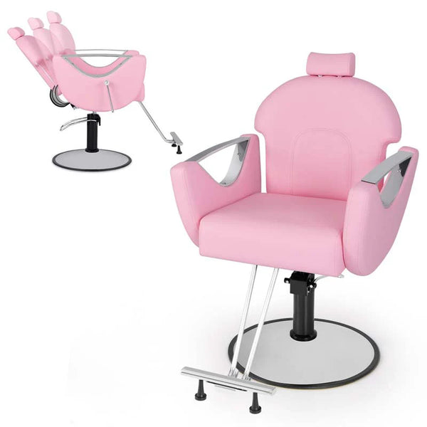 Reclining Barber Chair, 360° Swivel Salon Chair with Heavy Duty Hydraulic Pump, Adjustable Height & Headrest for Hair Styling, Makeup, Tattoo - Pink
