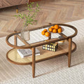 2-Tier Oval Boho Coffee Table with Tempered Glass Top, Rattan Shelf & Acacia Wood Frame, Mid Century Modern Center Table for Living Room Office - Brown