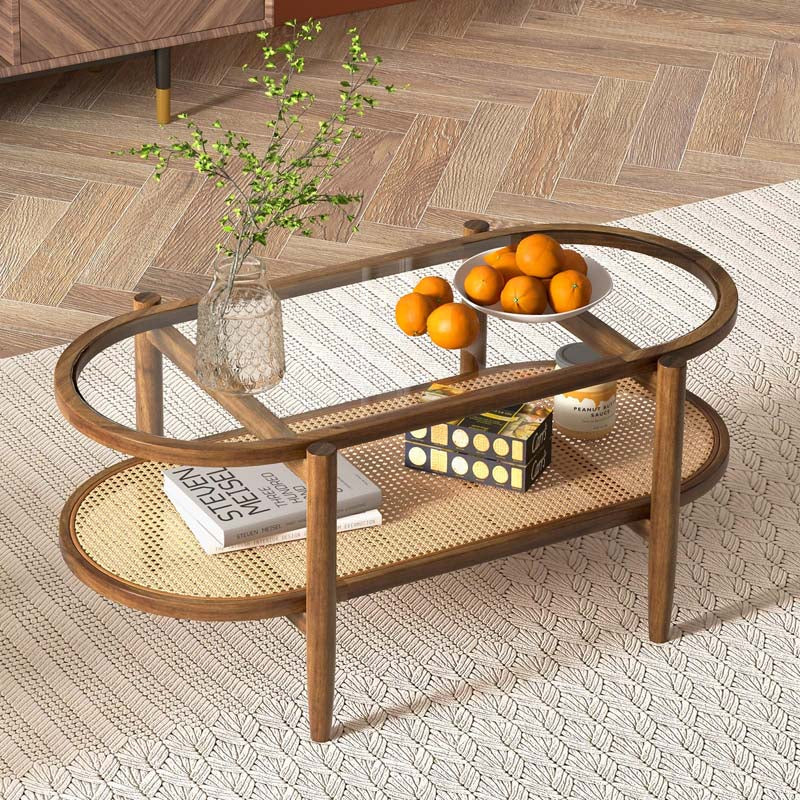 2-Tier Oval Boho Coffee Table with Tempered Glass Top, Rattan Shelf & Acacia Wood Frame, Mid Century Modern Center Table for Living Room Office - Brown
