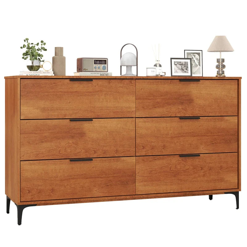 Mid-Century Modern 6-Drawer Dresser, Wooden Chest of Drawers with Anti-Tip Interlock System & Metal Legs for Bedroom, Living Room & Hallway - 2 PCS
