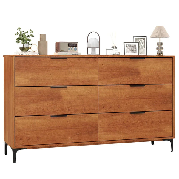 Mid-Century Modern 6-Drawer Dresser, Wooden Chest of Drawers with Anti-Tip Interlock System & Metal Legs for Bedroom, Living Room & Hallway - 2 PCS