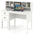 48" Home Office Desk with Power Outlets, USB & Type-C Charging Station, Modern Writing Desk w/ 5-Cubby Hutch & Drawers for Study Makeup Vanity - White
