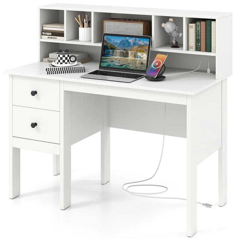 48" Home Office Desk with Power Outlets, USB & Type-C Charging Station, Modern Writing Desk w/ 5-Cubby Hutch & Drawers for Study Makeup Vanity - White