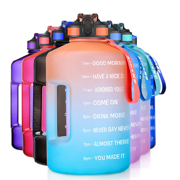 SLUXKE Gallon Water Bottle Jug with Straw BPA Free, 128oz Sport Water Jug with Time Marker and Handle Click Pop Up Drinking Bott - Orange Green / 128 oz