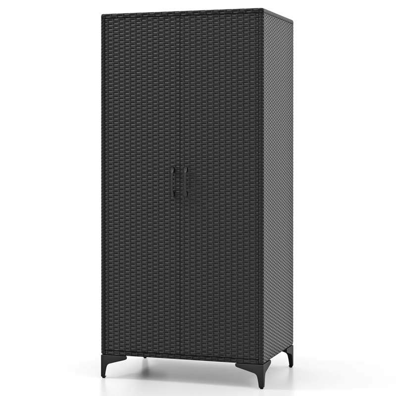 62" Tall PE Rattan Wicker Wardrobe Closet Storage Cabinet with 2 Doors, Hanging Rod, 4 Storage Cubes, Metal Legs, Anti-tipping Device - Black